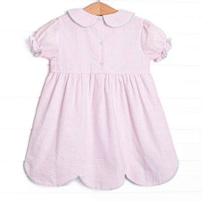 Alphabet Adventures Applique Scalloped Dress, Pink Seersucker