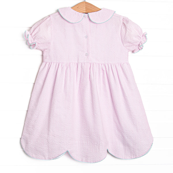 Alphabet Adventures Applique Scalloped Dress, Pink Seersucker