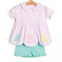 Alphabet Adventures Applique Scalloped Short Set, Pink Seersucker