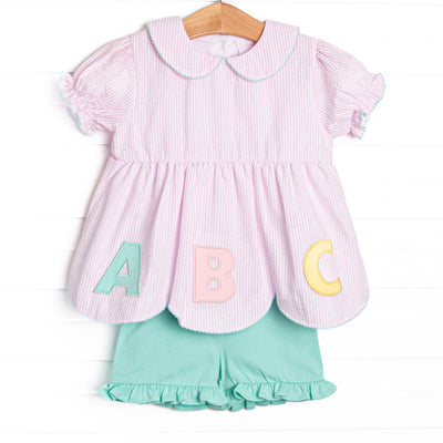 Alphabet Adventures Applique Scalloped Short Set, Pink Seersucker