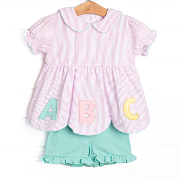 Alphabet Adventures Applique Scalloped Short Set, Pink Seersucker