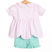 Alphabet Adventures Applique Scalloped Short Set, Pink Seersucker