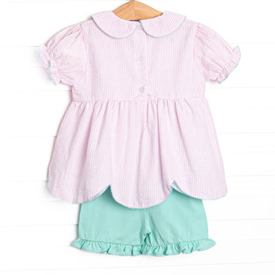 Alphabet Adventures Applique Scalloped Short Set, Pink Seersucker