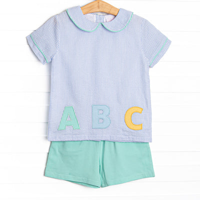 Alphabet Adventures Applique Collared Short Set, Blue Seersucker