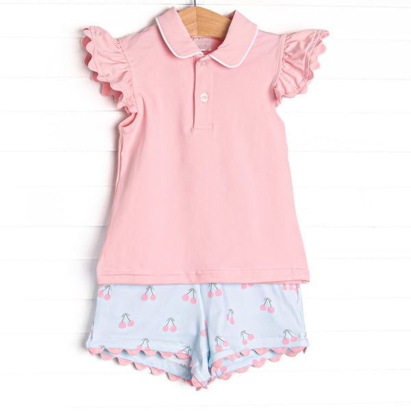 Cherry Fun Collared Short Set, Pink