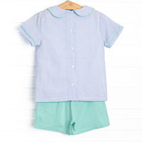 Alphabet Adventures Applique Collared Short Set, Blue Seersucker