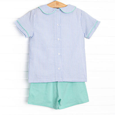 Alphabet Adventures Applique Collared Short Set, Blue Seersucker