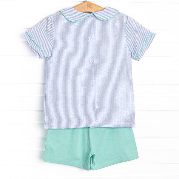 Alphabet Adventures Applique Collared Short Set, Blue Seersucker