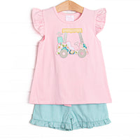 Birdie Breeze Applique Ruffle Short Set, Pink and Mint Stripe