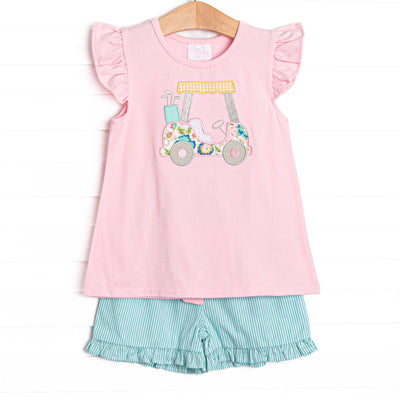 Birdie Breeze Applique Ruffle Short Set, Pink and Mint Stripe