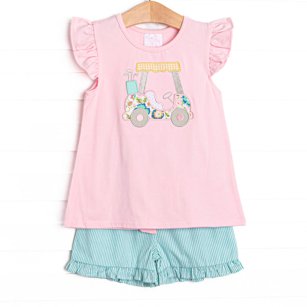 Birdie Breeze Applique Ruffle Short Set, Pink and Mint Stripe