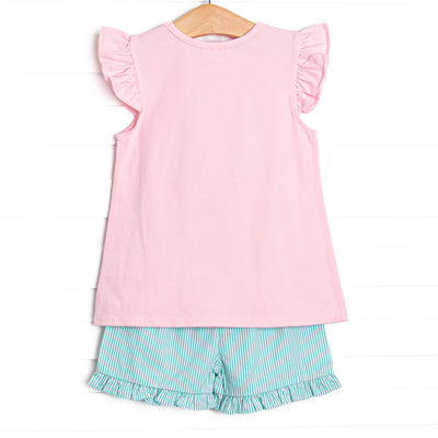 Birdie Breeze Applique Ruffle Short Set, Pink and Mint Stripe