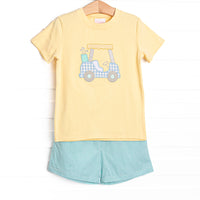 Birdie Breeze Applique Short Set, Yellow and Mint Stripe