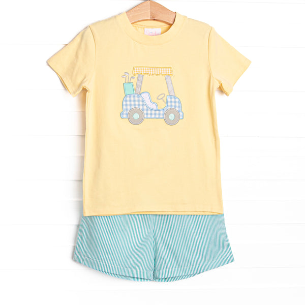 Birdie Breeze Applique Short Set, Yellow and Mint Stripe