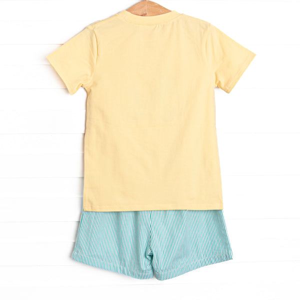 Birdie Breeze Applique Short Set, Yellow and Mint Stripe