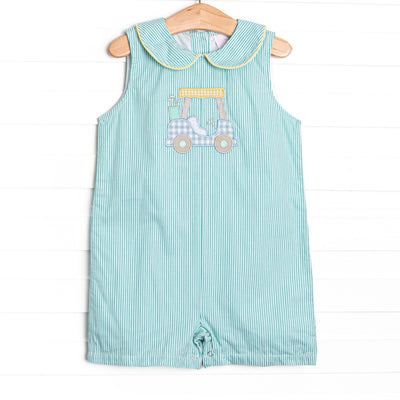 Birdie Breeze Applique Short Romper, Mint Stripe