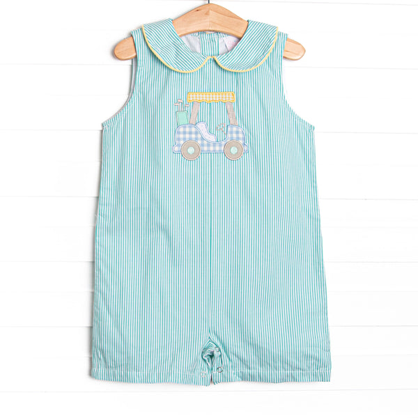 Birdie Breeze Applique Short Romper, Mint Stripe