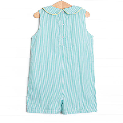 Birdie Breeze Applique Short Romper, Mint Stripe