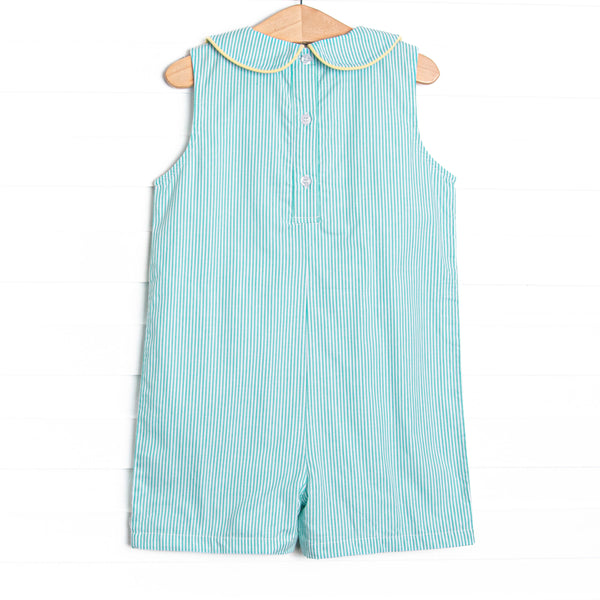 Birdie Breeze Applique Short Romper, Mint Stripe