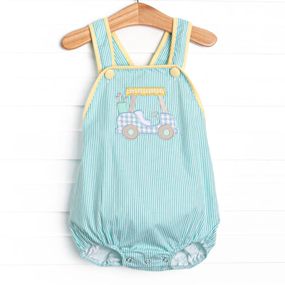 Birdie Breeze Applique Sunsuit, Mint Stripe