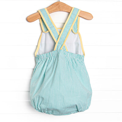 Birdie Breeze Applique Sunsuit, Mint Stripe