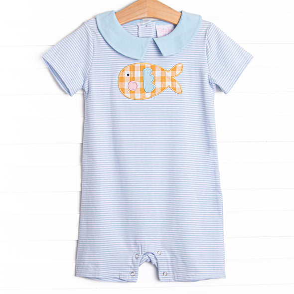 Go Fish Applique Short Romper, Blue Stripe