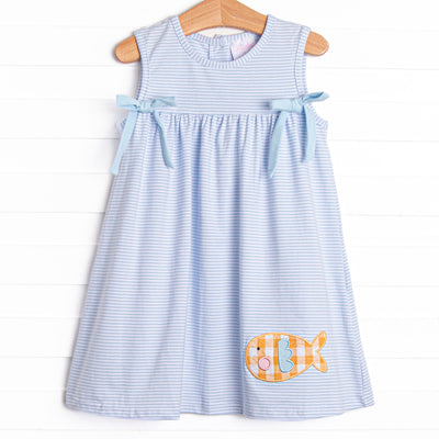 Go Fish Applique Dress, Blue Stripe