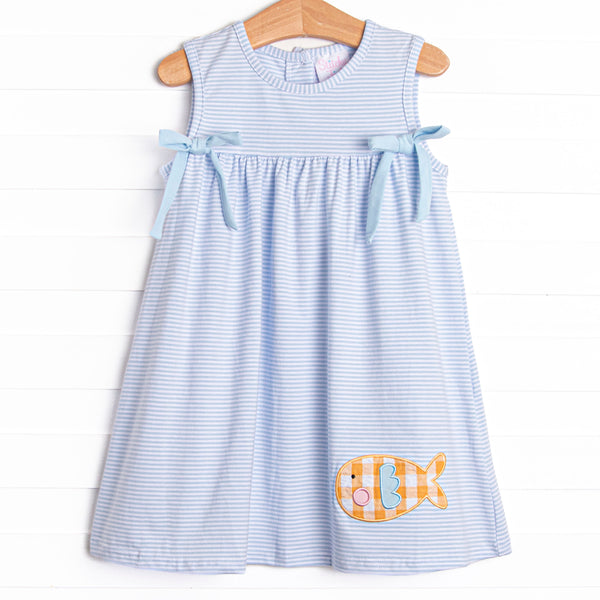 Go Fish Applique Dress, Blue Stripe