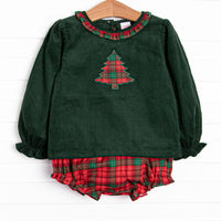  This set features a long sleeve&nbsp; green corduroy top with ruffle collar and a tartan plaid tree applique. Coordinating tartan plaid diaper cover to match. 