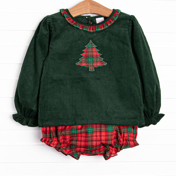  This set features a long sleeve&nbsp; green corduroy top with ruffle collar and a tartan plaid tree applique. Coordinating tartan plaid diaper cover to match. 