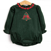  This set features a&nbsp; green corduroy, ruffle collar and a tartan plaid tree applique. 