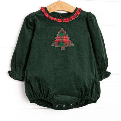  This set features a&nbsp; green corduroy, ruffle collar and a tartan plaid tree applique. 