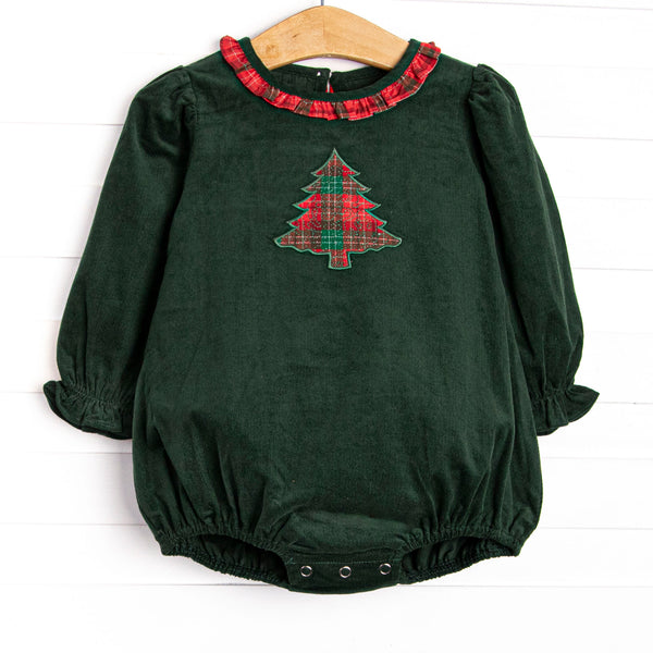  This set features a&nbsp; green corduroy, ruffle collar and a tartan plaid tree applique. 
