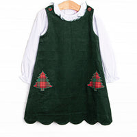 This set features a long sleeve ruffle collar top with a green corduroy dress, scalloped trim, and a tartan plaid tree appliques.