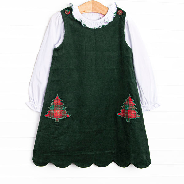 This set features a long sleeve ruffle collar top with a green corduroy dress, scalloped trim, and a tartan plaid tree appliques.