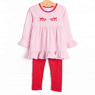 Heart Strings Applique Legging Set, Red and Pink Stripe