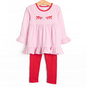Heart Strings Applique Legging Set, Red and Pink Stripe