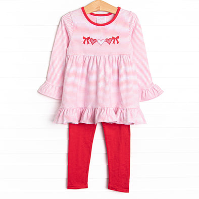 Heart Strings Applique Legging Set, Red and Pink Stripe