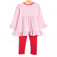 Heart Strings Applique Legging Set, Red and Pink Stripe