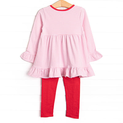 Heart Strings Applique Legging Set, Red and Pink Stripe
