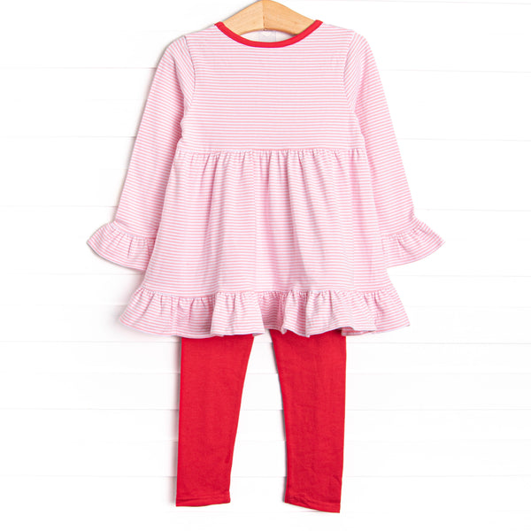 Heart Strings Applique Legging Set, Red and Pink Stripe