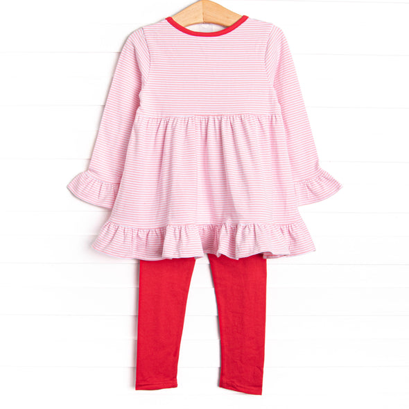 Heart Strings Applique Legging Set, Red and Pink Stripe