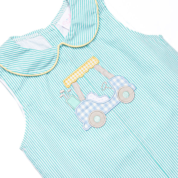 Birdie Breeze Applique Short Romper, Mint Stripe