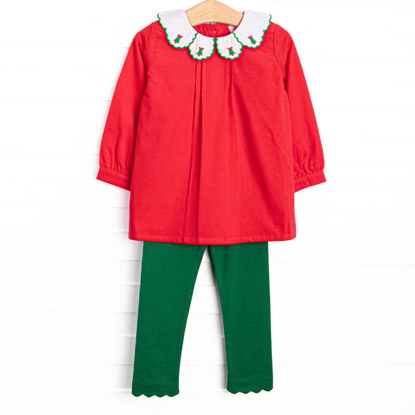 This set features a red corduroy, holly leaf embroidered collar, and green leggings to match.