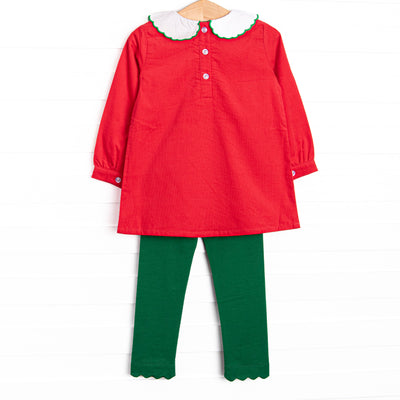 Christmas Tree Tidings Embroidered Legging Set, Red