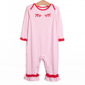 Heart Strings Applique Ruffle Romper, Pink Stripe
