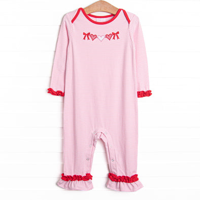 Heart Strings Applique Ruffle Romper, Pink Stripe