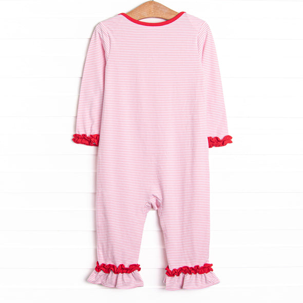 Heart Strings Applique Ruffle Romper, Pink Stripe