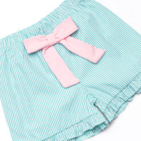 Birdie Breeze Applique Ruffle Short Set, Pink and Mint Stripe