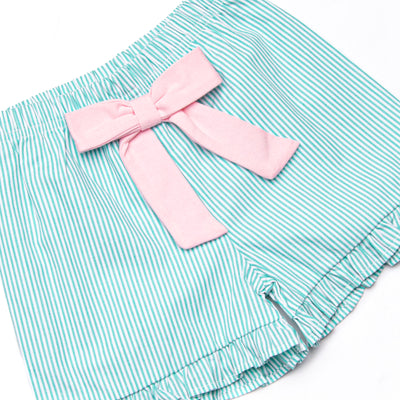 Birdie Breeze Applique Ruffle Short Set, Pink and Mint Stripe